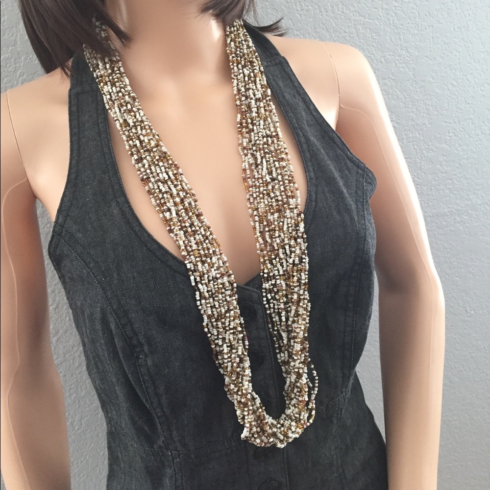 White & Brown Beaded Multistrand Long Necklace